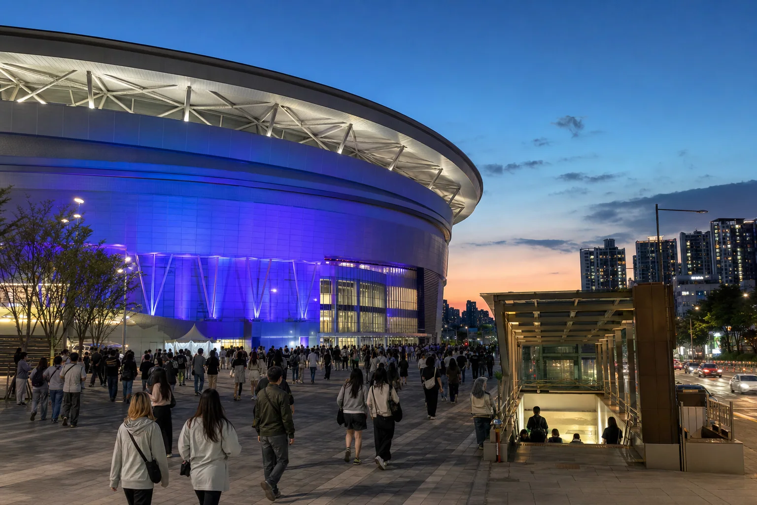 A modern Korean performance venue near a subway station at blue hour