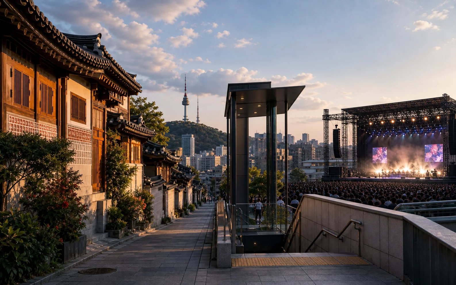 A Seoul travel collage with a hanok street, subway entrance and concert venue